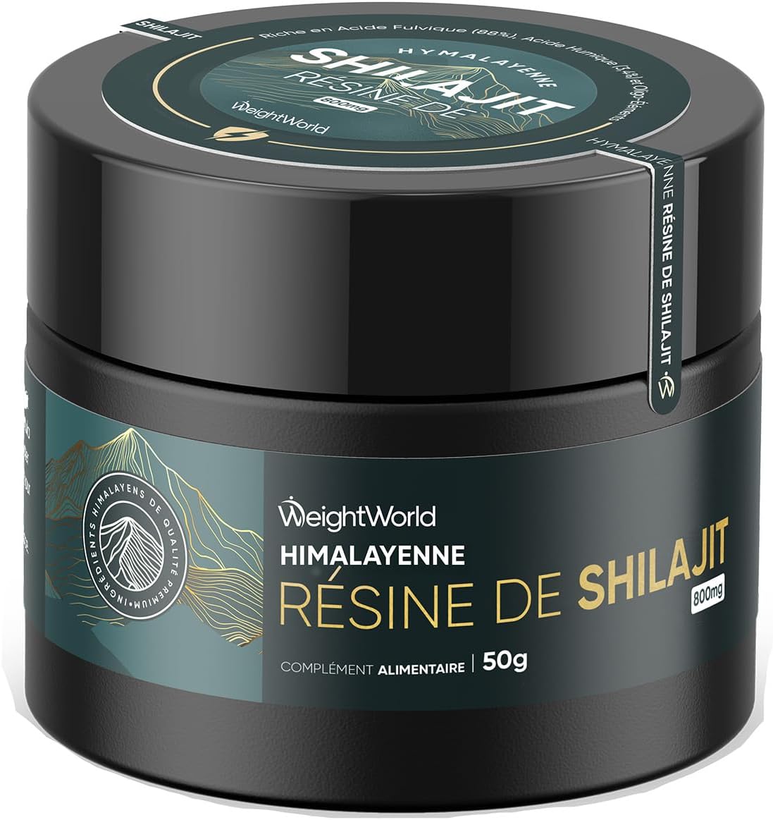 Shilajit d'Himalaya 50g - Résine De Shilajit Riche en Acide Fulvique (88%), Acide Humique (3,4%) & Oligo-Éléments - Résine Ayurvedique Enrichie en Ashwagandha, Curcuma, Musli Noir - Spatule Incluse