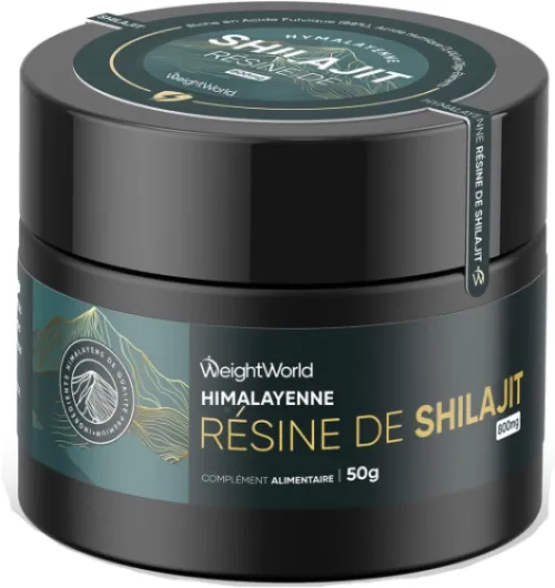 Shilajit d'Himalaya 50g - Résine De Shilajit Riche en Acide Fulvique (88%), Acide Humique (3,4%) & Oligo-Éléments - Résine Ayurvedique Enrichie en Ashwagandha, Curcuma, Musli Noir - Spatule Incluse