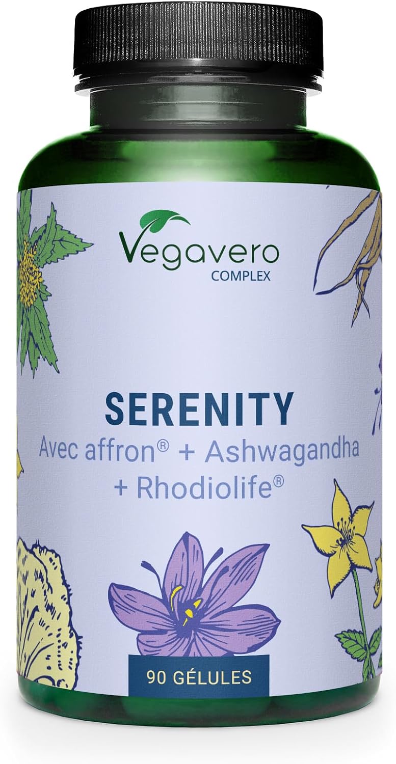 Complexe Sérénité - Humeur + Anti stress - Millepertuis, Rhodiola, Safran, Tryptophane, Vitamine B - 90 Gélules - SANS ADDITIFS et VEGAN - Vegavero®