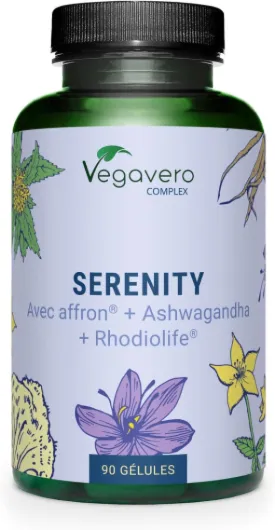 Complexe Sérénité - Humeur + Anti stress - Millepertuis, Rhodiola, Safran, Tryptophane, Vitamine B - 90 Gélules - SANS ADDITIFS et VEGAN - Vegavero®