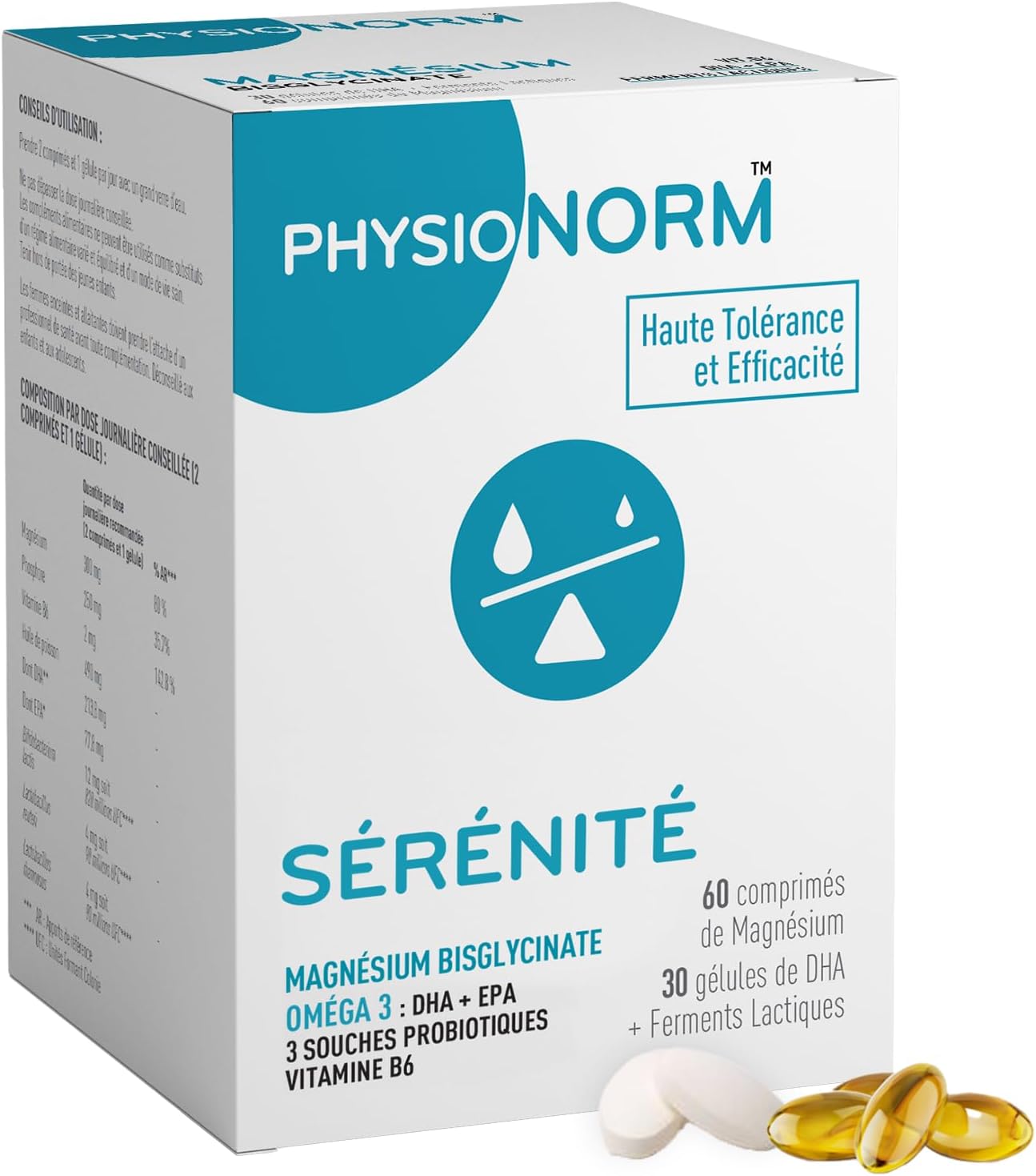 Physionorm Sérénité - Complement Alimentaire Anti-Fatigue - Magnesium Bisglycinate + Oméga 3 + Probiotique - Active la Melatonine & Régule le Sommeil - 30 Gélules - Fabriqué en France
