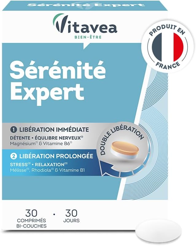 Vitavea - Sérinité Expert - Magnésium, Mélisse, Vitamine B6 et Vitamine B1 - Complément alimentaire Détente et Relaxation - Action prolongée - 30 comprimés - Cure 1 mois - Fabriqué en France 30 unité (Lot de 1)