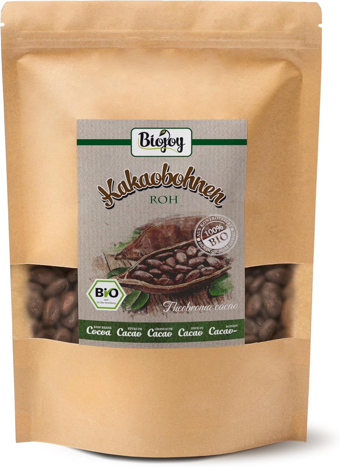 Fèves de Cacao crues BIO (1 kg), entières et non-torréfiées (Theobroma cacao) 1 kg (Lot de 1)