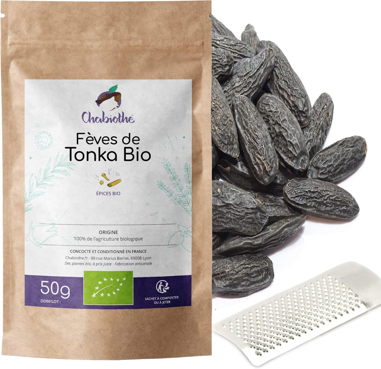 Fèves de Tonka BIO entières 50g + râpe - certifié Biologique - sachet biodégradable