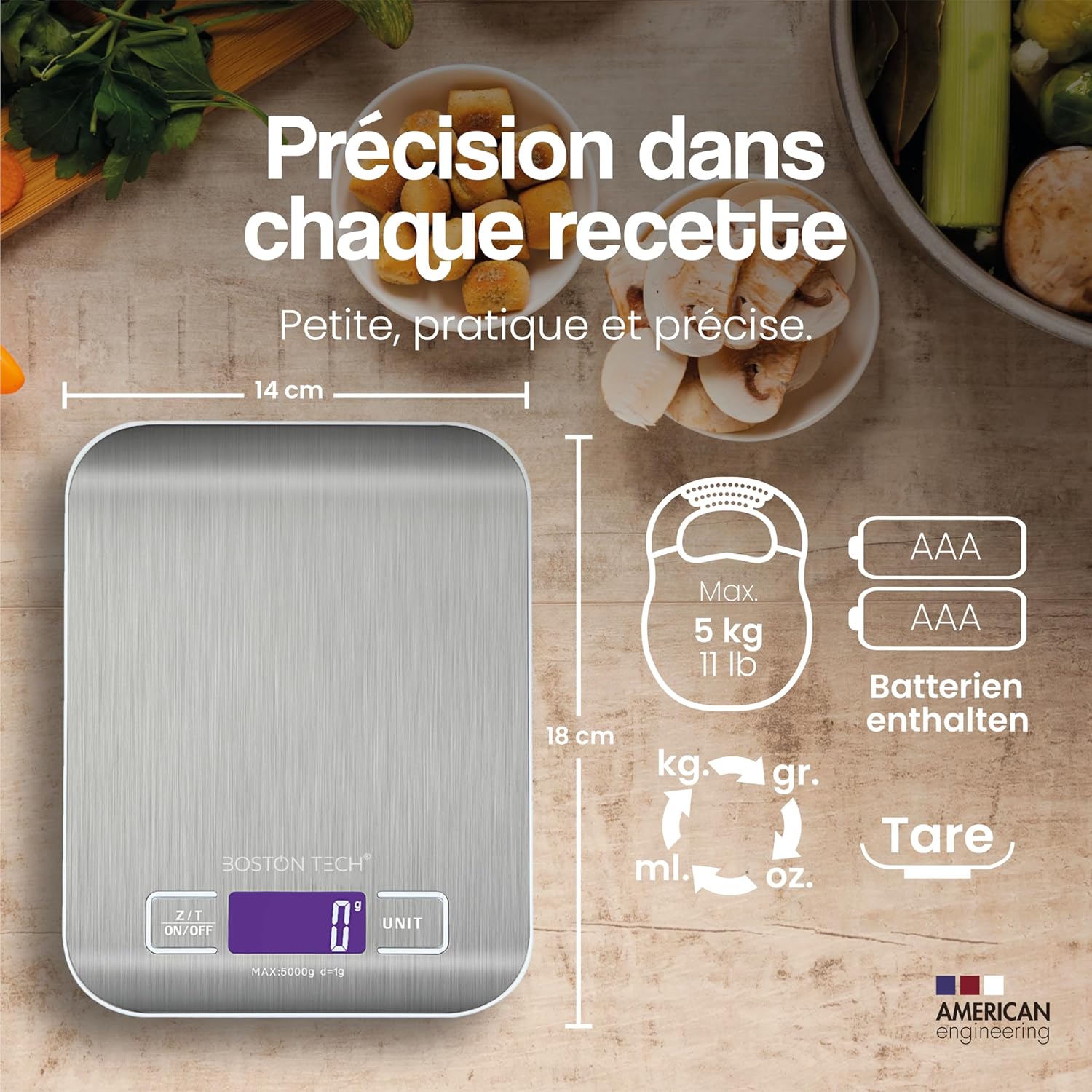 Balance de cuisine numérique Boston Tech - Acier inoxydable, haute précision, étanche, capacité de 5 kg, écran LCD, fonction tare, livre de recettes inclus (HK105) 5kg Capacity