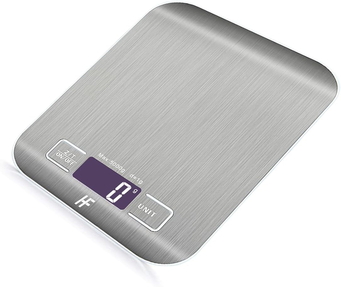 HomeFashion Balance de Cuisine Électronique de Haute Précision 5000g/1g avec Écran LCD Rétroéclairé, 6 Unités et Fonction Tare Acier Inoxydable, Piles incluses