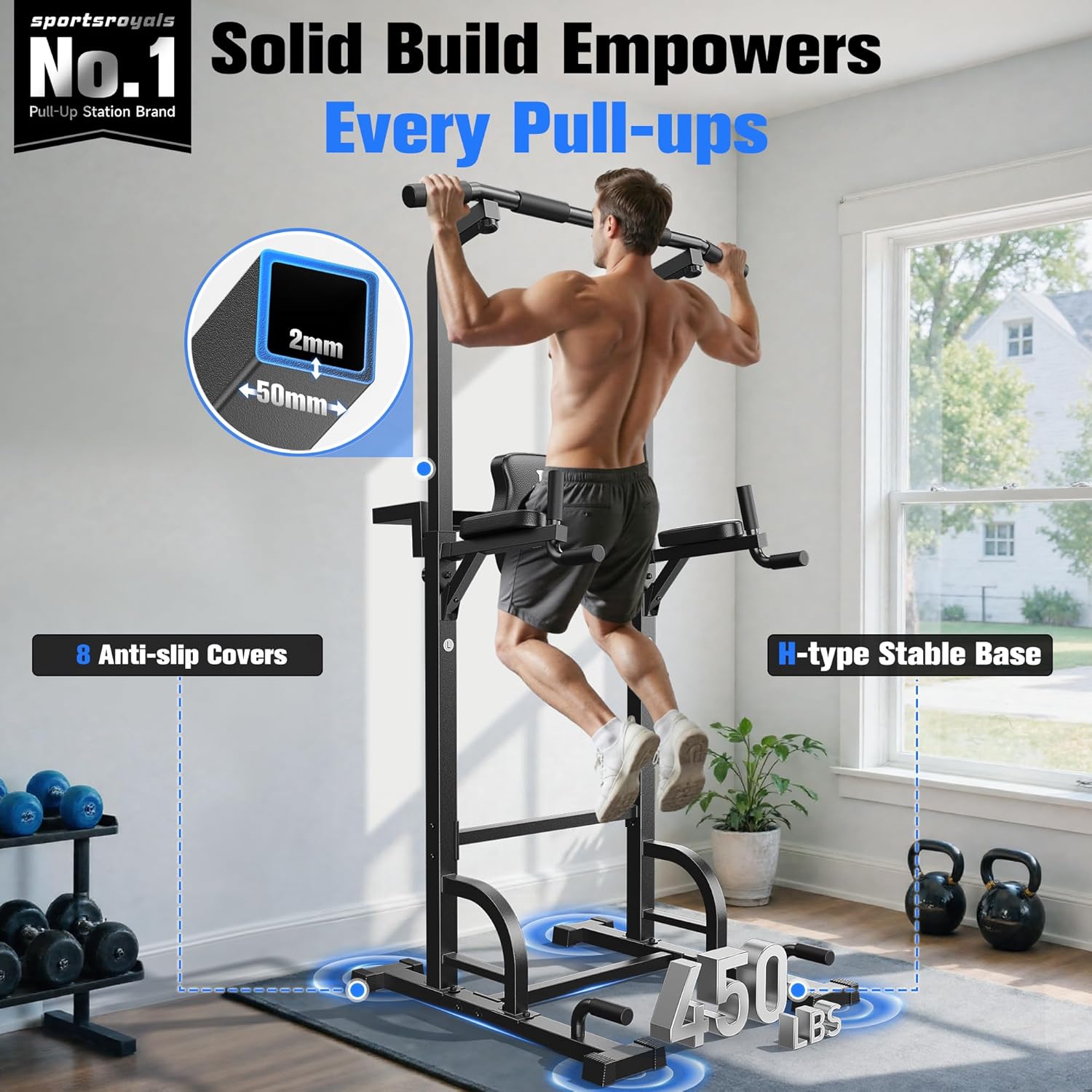 Sportsroyals Power Tower Pull Up Bar Station, 450LBS Stable Pull Up Dip Station for Home Gym Strength Training Equipment Black-01