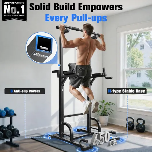 Sportsroyals Power Tower Pull Up Bar Station, 450LBS Stable Pull Up Dip Station for Home Gym Strength Training Equipment Black-01