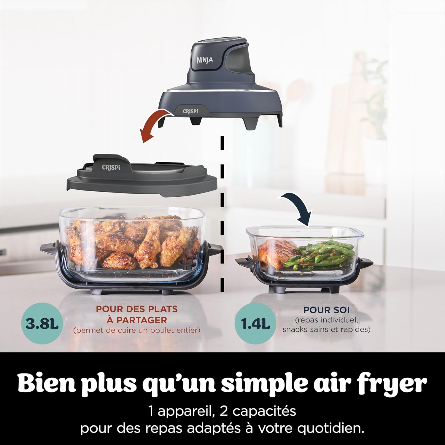 CRISPi Friteuse sans huile portable, 3,8L, 4-en-1 : Frire sans huile, Rôtir, Garder au chaud, Recroustiller, Design compact, 2 récipients avec couvercles, 1 700 W, Gris FN101EUGY