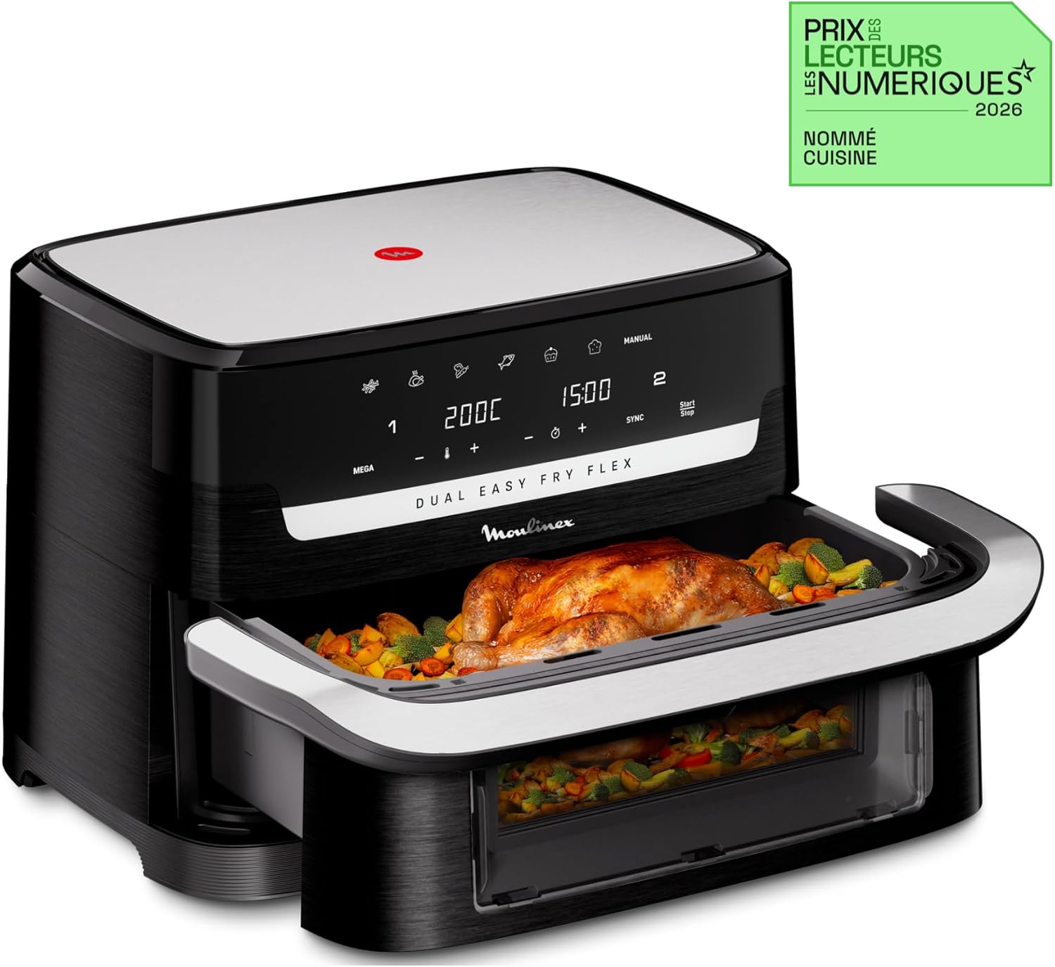 Easy Fry Dual Flex, air fryer, Grand tiroir de 9L, Double zone, Séparateur amovible, jusqu'à 8personnes, 7programmes intuitifs, EZ9228F0, noire, Noir