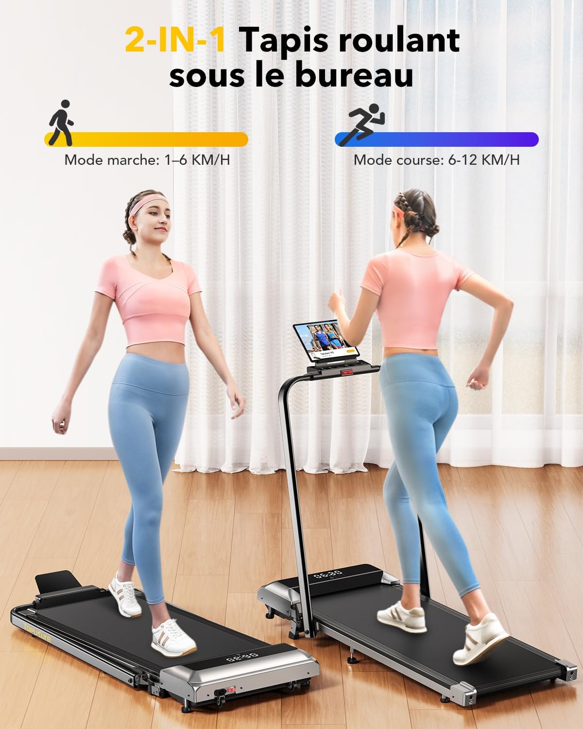 Tapis de Course 6 en 1, Pente 1%-6%-12%, Vitesse 12km/h, Hauteur de la Colonne Montante télescopique 115CM, Angle de la Colonne Montante 95°-105°, 2.5 HP, Compact NOIR-PENTE6%