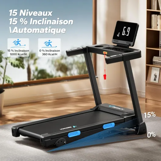 Tapis de Marche, 15% Tapis de Course Pliable Inclinable, 2.5HP Vitesse Réglable 0.8-12km/H Walking Pad, Tapis de Marche Inclinable, Treadmill avec Écran LED, Exercice à Domicile et au Bureau Noir 15% Pente Auto