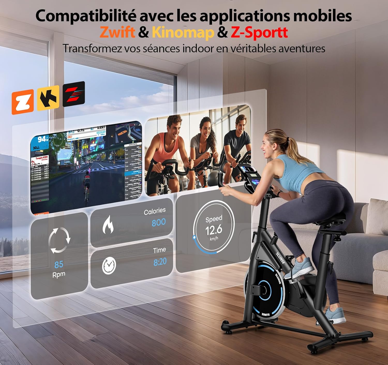 Velo d Appartement, SLUNSE Vélo d'Appartement connecté APPs avec Écran, Vélo d' Stationnaire pour la Maison avec Résistance Magnétique Réglable, Siège Moelleux et Réglage en Hauteur, Roulement 180KG [Mise à niveau] Magnétique+ APP - Bleu