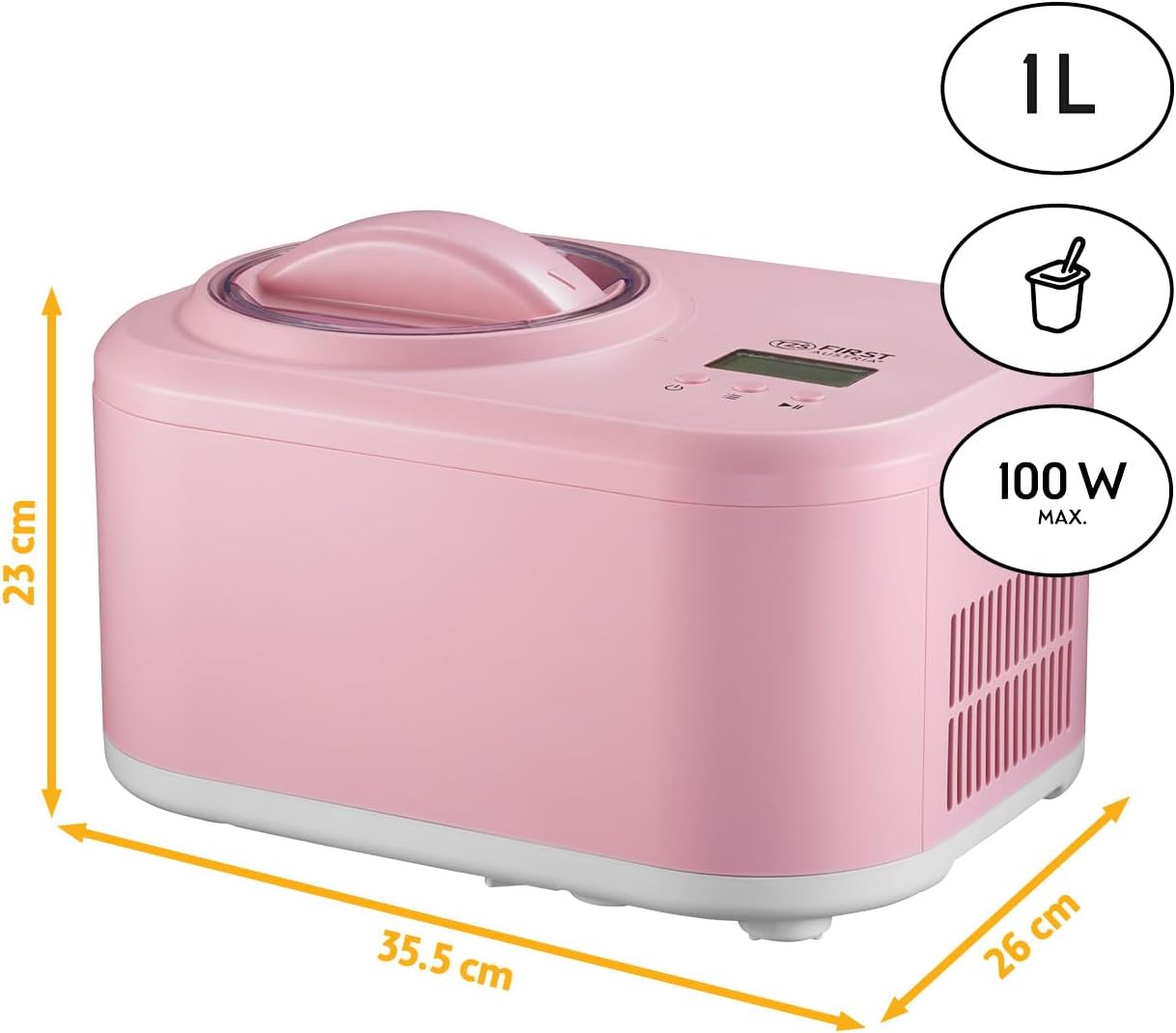 TZS First Austria Machine à glace & yaourtière - 1 L - yaourt glacé, sorbet, crème glacée - avec doseur & spatule - rose