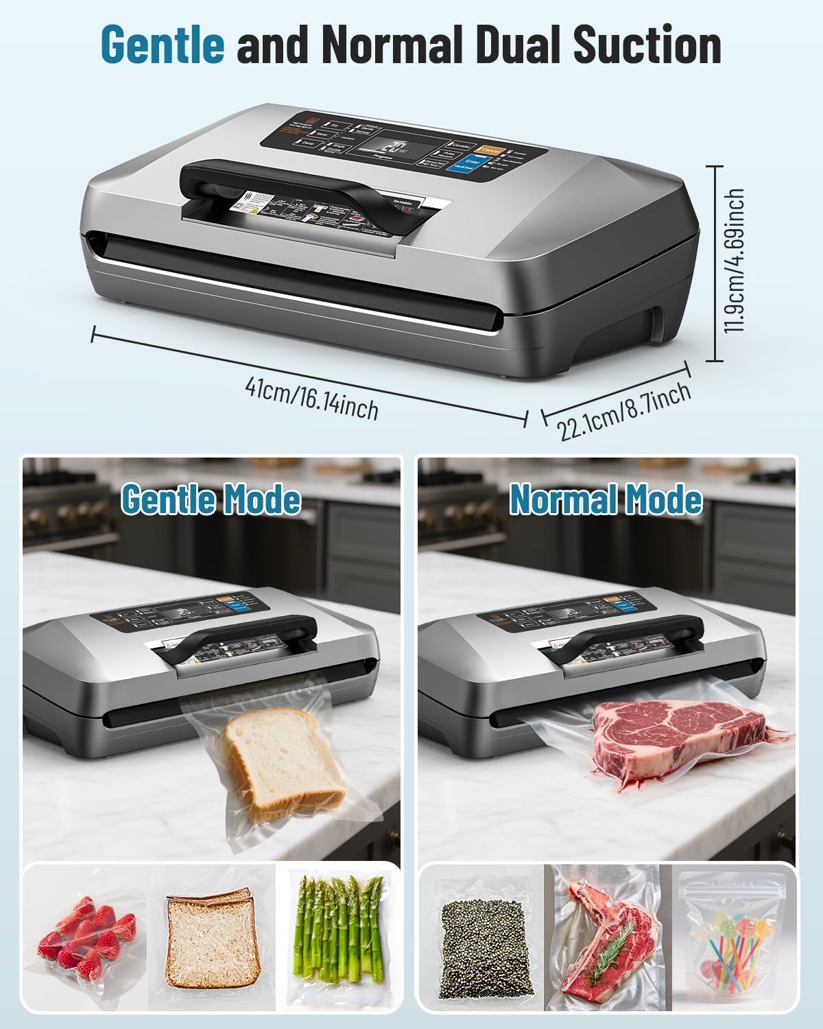 Machine Sous Vide Alimentaire Professionnelle 95 kPa, 12 en 1 Sous Videuse Alimentaire avec Rangement pour Sacs, Coupe-sac Intégré, 1 Rouleaux de sac et 10 Sacs Prédécoupés Gris