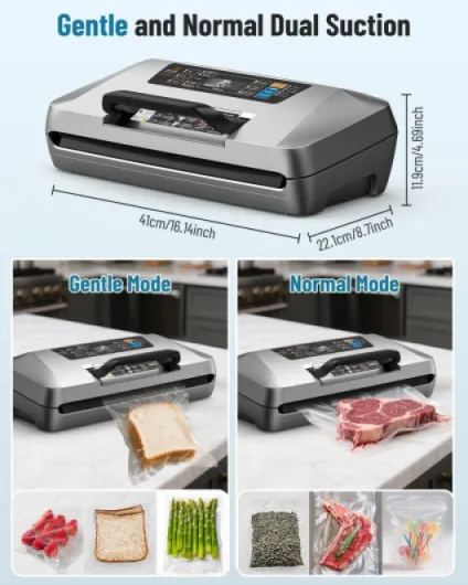 Machine Sous Vide Alimentaire Professionnelle 95 kPa, 12 en 1 Sous Videuse Alimentaire avec Rangement pour Sacs, Coupe-sac Intégré, 1 Rouleaux de sac et 10 Sacs Prédécoupés Gris