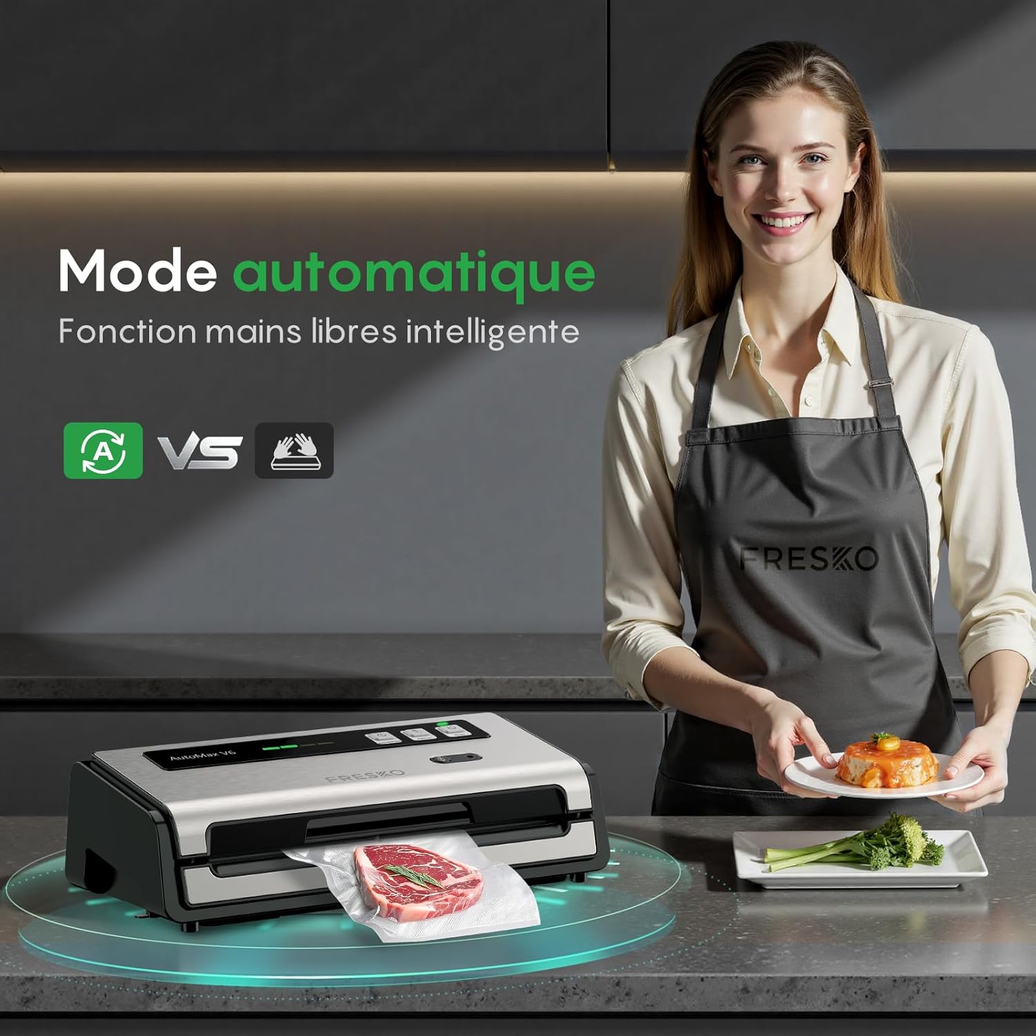 Machine Sous Vide Alimentaire Automatique, Double Thermoscellage, Coupe-sac Intégré et Rangement des Sacs, Mode Humide et Sec, Utilisation à une Main, Avec 2 Sacs en Rouleau (Automax V6) Noir avec compartiment à rouleau