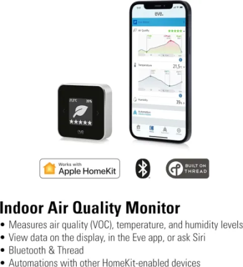 Room (Apple Home) – Capteur de qualité de l’air intérieur pour la surveillance de la qualité de l’air (COV), de la température et du taux d’humidité, Bluetooth, Thread Eve Room avec Thread Unique