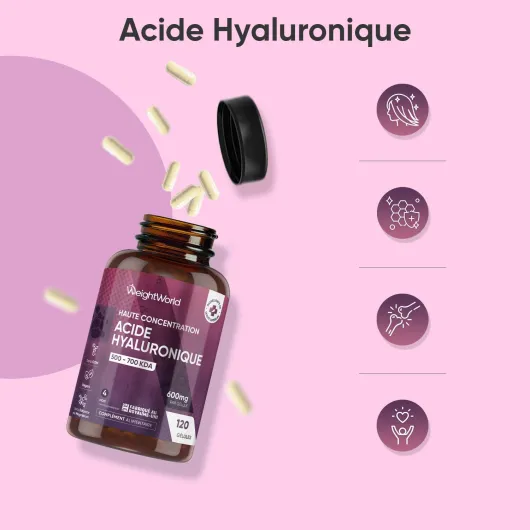 Acide Hyaluronique en Gélules 600mg, 120 Gélules Vegan pour 4 Mois, 500-700 kDa Acide Hyaluronique sous Forme d'Hyaluronate de Sodium, sans OGM ni Stéarate de Magnésium