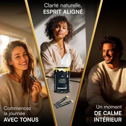 MOVEZEN Shilajit+ Miel & Safran Bio, Résine Authentique 100% Pure de l’Himalaya, Énergie Durable, Vitalité, Concentration, 30 Sticks de 8 g, Riche en Acide Fulvique & Humique, 85+ Minéraux