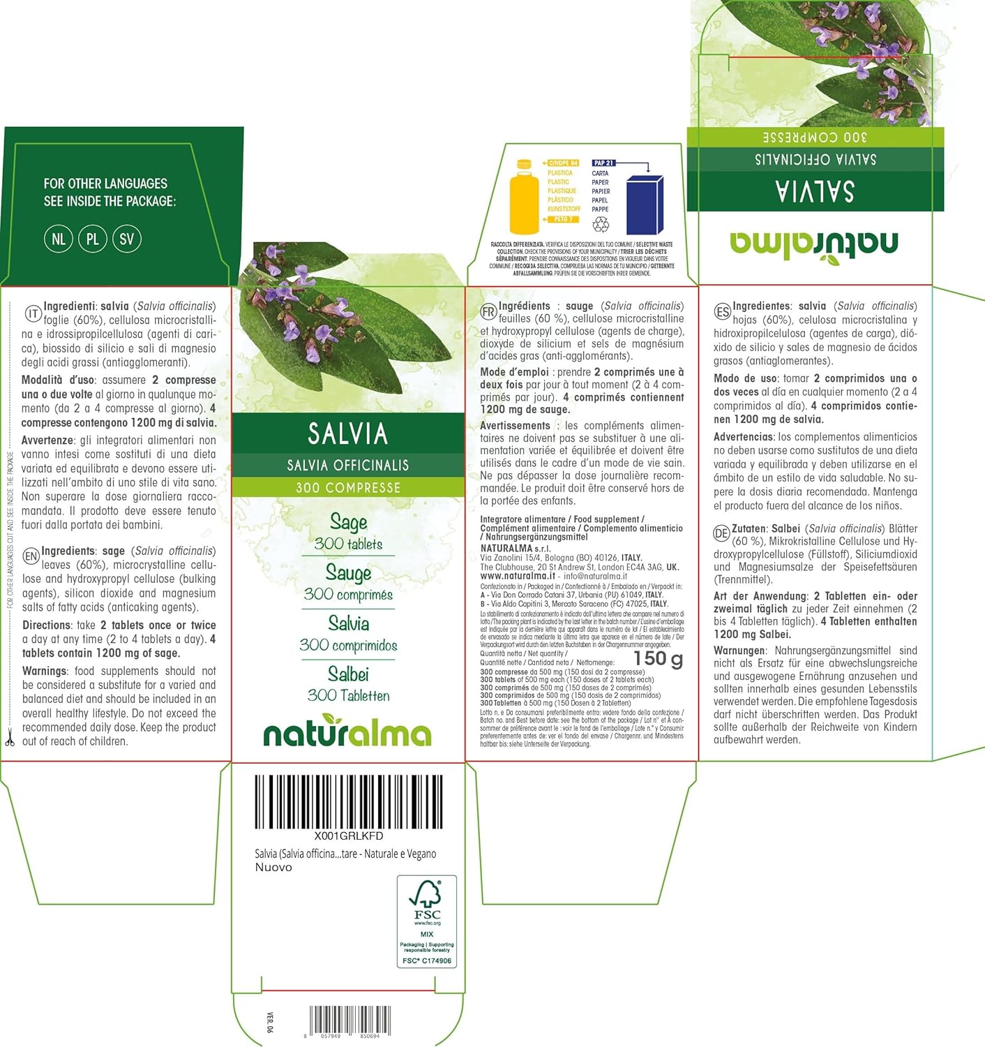 Sauge (Salvia officinalis) feuilles Naturalma - 150 g - 300 comprimés - Complément alimentaire - Naturel et Végétalien