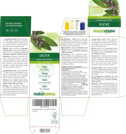Sauge (Salvia officinalis) feuilles Naturalma - 150 g - 300 comprimés - Complément alimentaire - Naturel et Végétalien
