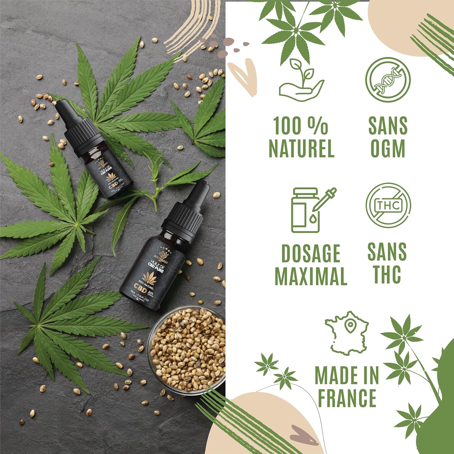 Huile de CBD PURE H 20% Pressée à Froid - Huile de Graines de chanvre - Formule Premium Fabriquée en France - Sommeil Puissant - cdb Hemp Oil herbe puff hhc 10ml 20 %