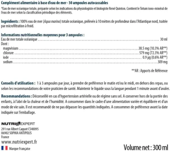 Plasma Marin Hypertonic - Riche en minéraux et oligo-éléments - Action détoxifiante et dynamisante - Préparé selon le procédé de René Quinton - 30 ampoules buvables autocassables