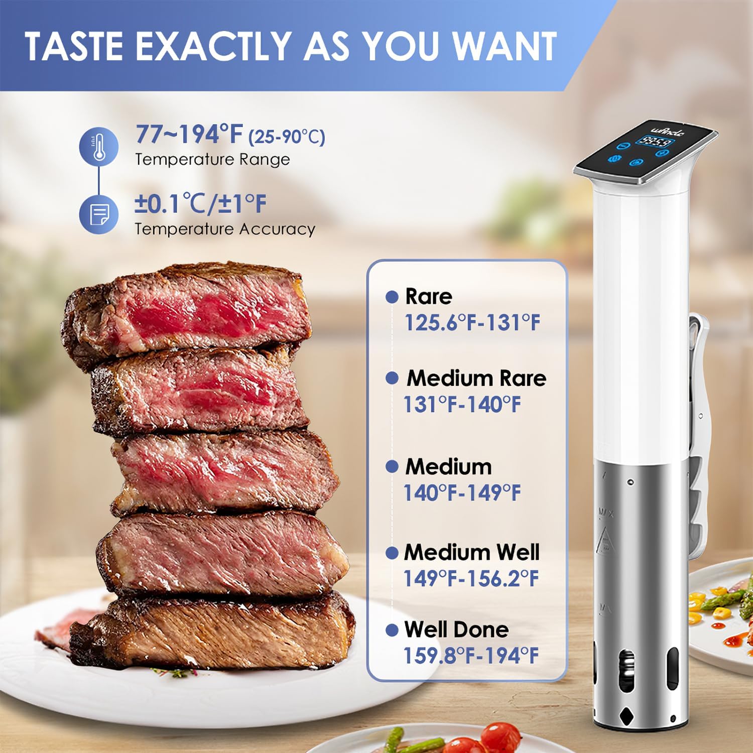 Cuiseur Sous Vide Cuisson Sous Vide 1100W – Précision ±0,1°C, Étanche IPX7, Compact & Silencieux – Cuisson à Basse Température Facile à Utiliser pour des Résultats Parfaits, Blanc