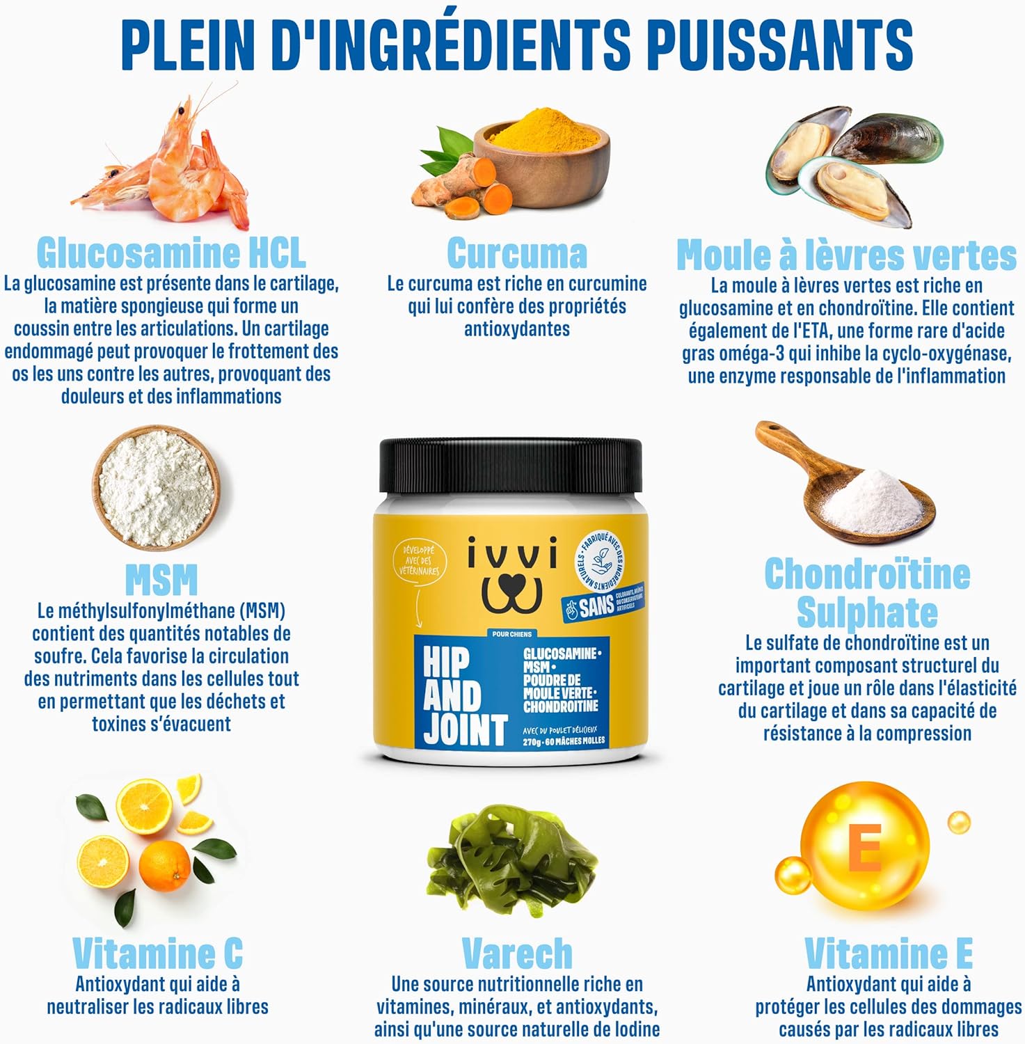 Ivvi - Hip and Joint - Articulations, Anti-Arthrose - Complément Alimentaire pour Chien, Hautement Concentré - MSM, Moule à Lèvres Vertes, Glucosamine - 60 Friandises au Poulet, 270g