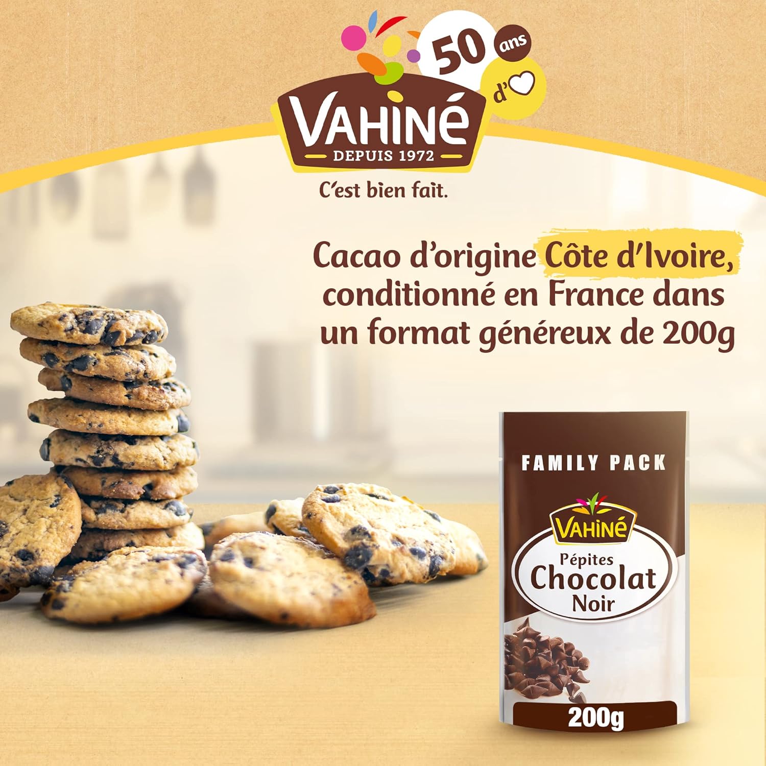 VAHINE - Pépites de Chocolat Noir 200 g (Family Pack) (l'emballage peut varier) 200 g (Lot de 1)