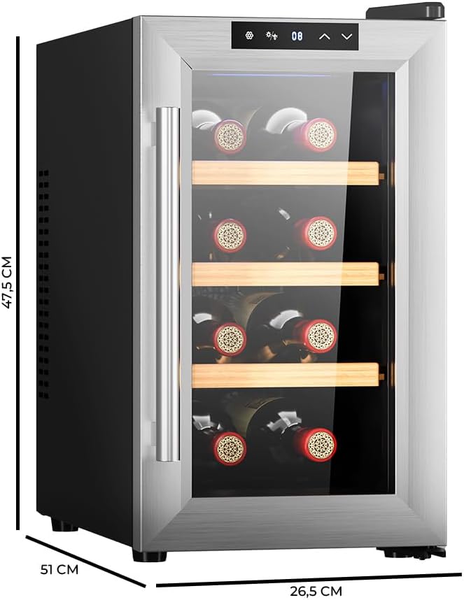 Cave à vin 8 bouteilles Bolero GrandSommelier 830 CoolWood, Thermoélectrique, Faible niveau sonore et haute performance, Température réglable : 8-18°C, Panneau de commande tactile, Affichage 8 Bouteilles Inox + Bois