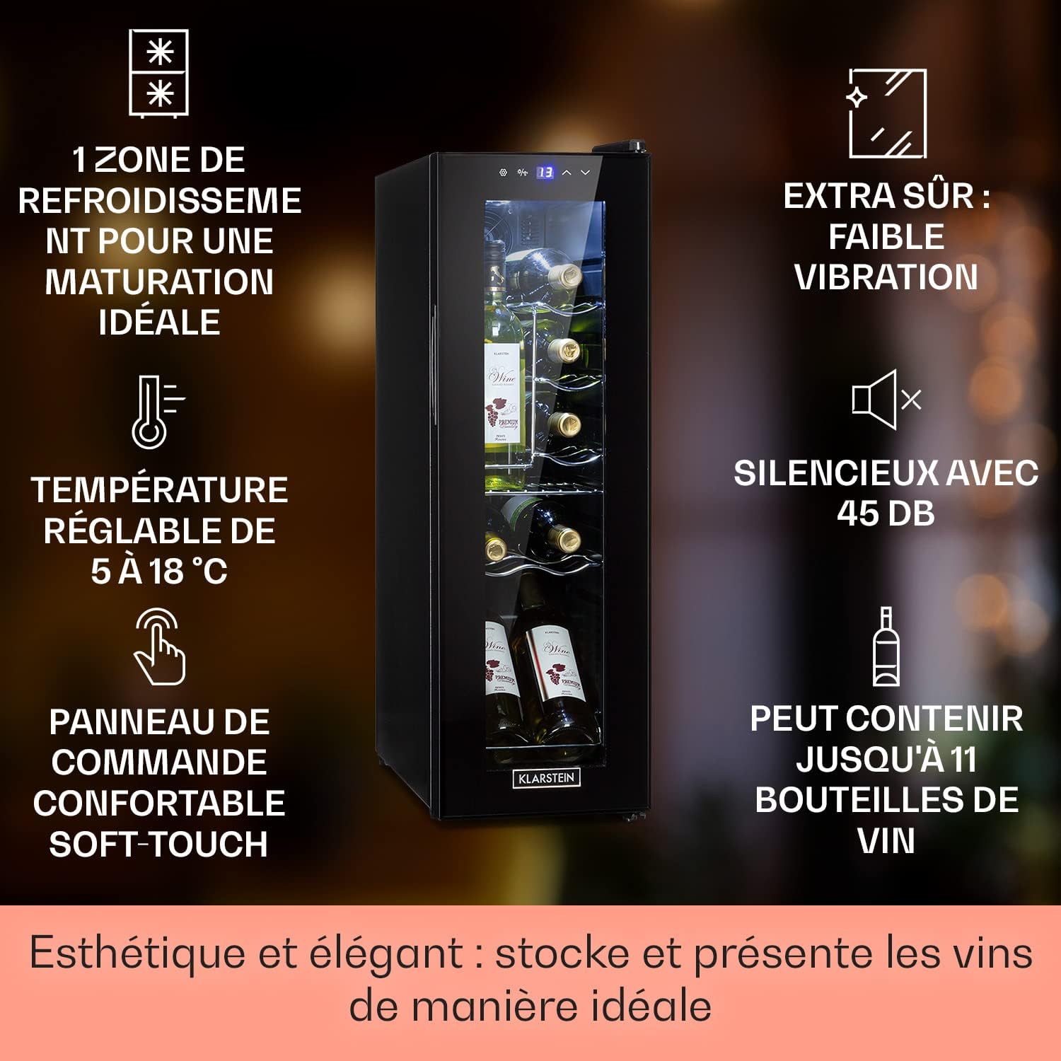 Cave a Vin sur Pieds, Caves à Vin de 32L avec une Porte en Verre, Cave a Vins à Zone Unique, Bar Intérieur/Extérieur, Frigo vin, Cave a Vin de Vieillissement, Petite Cave à Vin 12 Bouteilles 32 Litres / 12 Bouteilles Noir