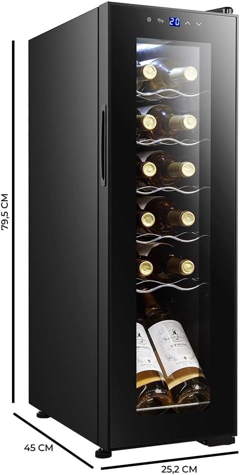 Caves à vin Bolero GrandSommelier 1250 CoolCrystal Compressor - 12 bouteilles, Température 8-18ºC, Estantes en bois, Affichage tactile - 12 Bouteilles Noir