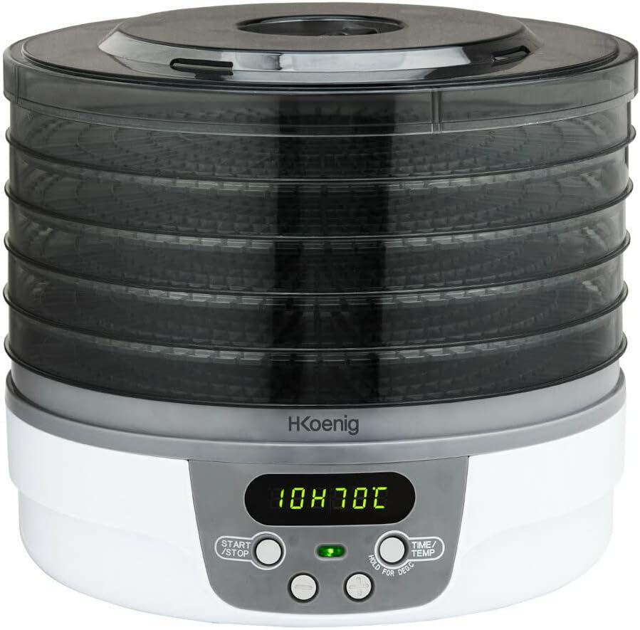 H.Koenig Déshydrateur Alimentaire électrique de nourriture DSY700, 5 Plateaux transparents Amovibles, Température réglable 35-75°C, Minuterie 24h, Séchage Aliments, Blanc
