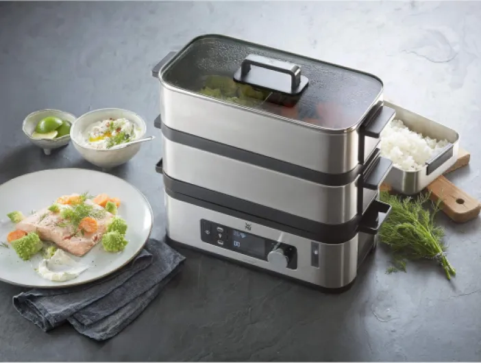 KITCHENminis Cuiseur Vapeur Electrique Ultracompact Design Elegant Inox Cromargan Haute Qualité 2,15L Sans BPA 2 Compartiments Cuisson Programmes Cuisson Légumes Riz Poisson 900W 0415090011 Unique