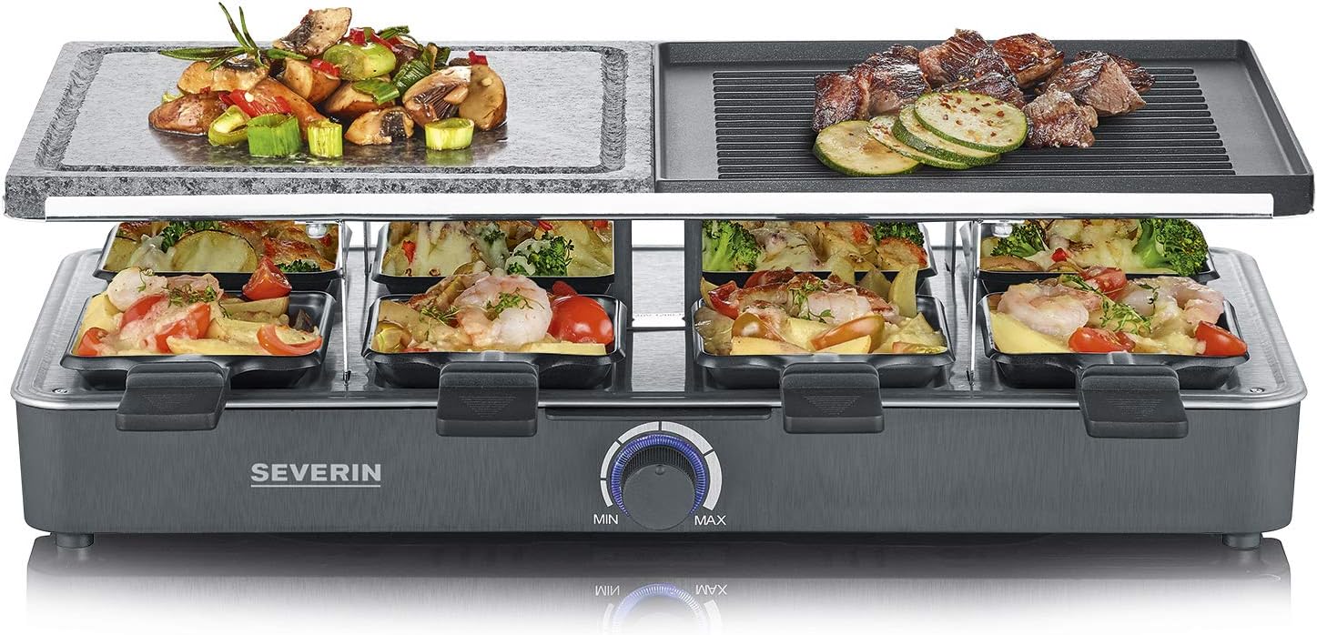 Raclette Gril 8 personnes, Pierre de Cuisson Naturelle, Plaque Réversible Anti-adhésive, Thermostat Réglable, Noir,RG 2371 46 x 23 cm