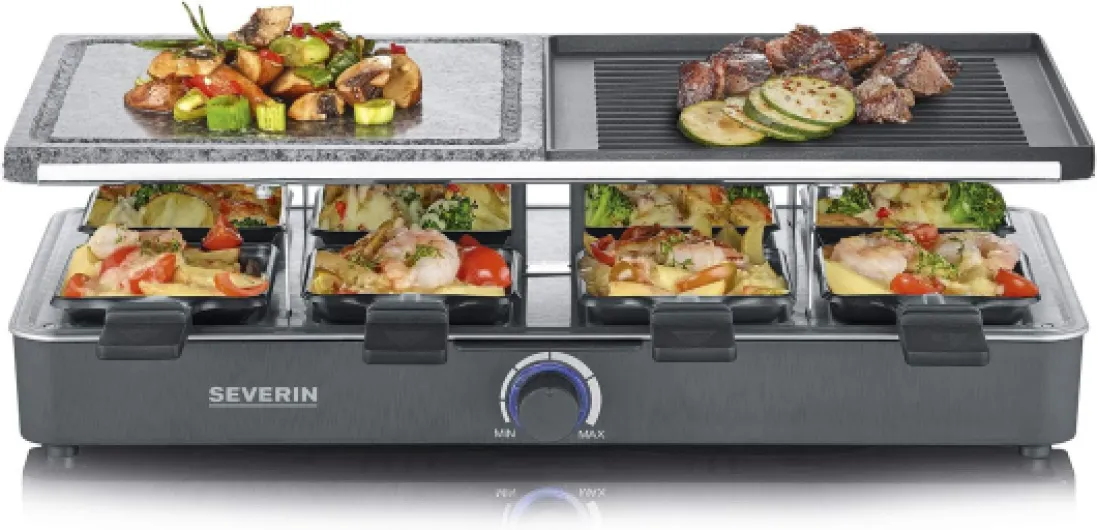 Raclette Gril 8 personnes, Pierre de Cuisson Naturelle, Plaque Réversible Anti-adhésive, Thermostat Réglable, Noir,RG 2371 46 x 23 cm