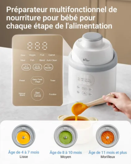 Bear Robot Cuiseur Bébé Multifonctions 10 en 1 NutriEase AllStage en Acier Inoxydable, Cuiseur Vapeur Mixeur OneStep, Cuisson et Mixage Automatiques pour une Alimentation Bébé Maison Saine, Sans BPA