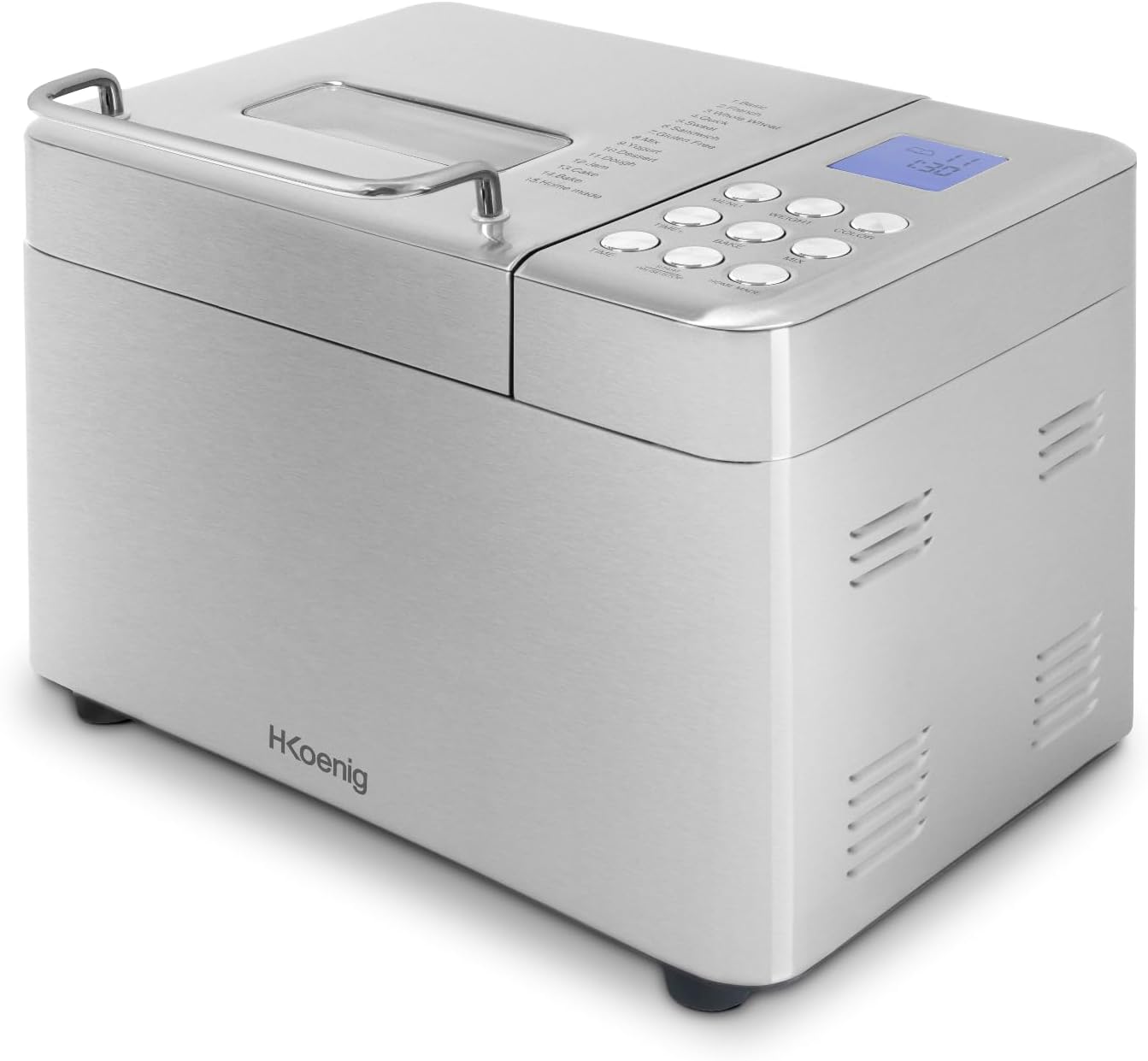 H.Koenig Machine à Pain BAKE440, 15 Programmes, Jusqu’à 1Kg de pain, Confiture, Yaourt, Fonction départ différé/Maintient au Chaud, Distributeur céréales, Cuve Amovible antiadhésive, Ecran LCD, 600W