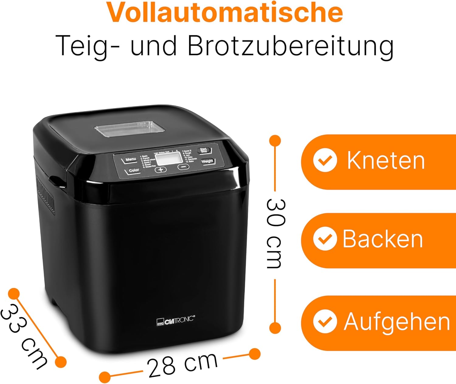 Clatronic® Machine à pain - Préparation automatique & fonction maintien au chaud - Machine à pain avec minuterie - Utilisation simple via écran - 12 programmes de cuisson - BBA 3774