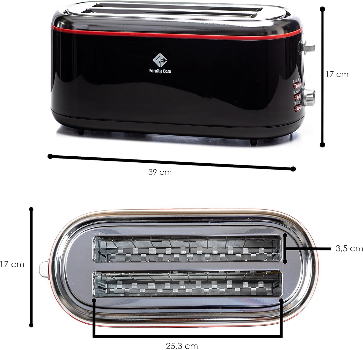 Family Care Grille-Pain à Fentes Longues 1300W – 2 Longues Tranches de Pain, 3 Fonctions, Support pour Viennoiseries, 7 Niveaux de Brunissage, Corps en Acier Inoxydable