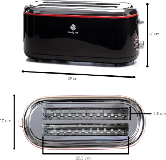 Family Care Grille-Pain à Fentes Longues 1300W – 2 Longues Tranches de Pain, 3 Fonctions, Support pour Viennoiseries, 7 Niveaux de Brunissage, Corps en Acier Inoxydable