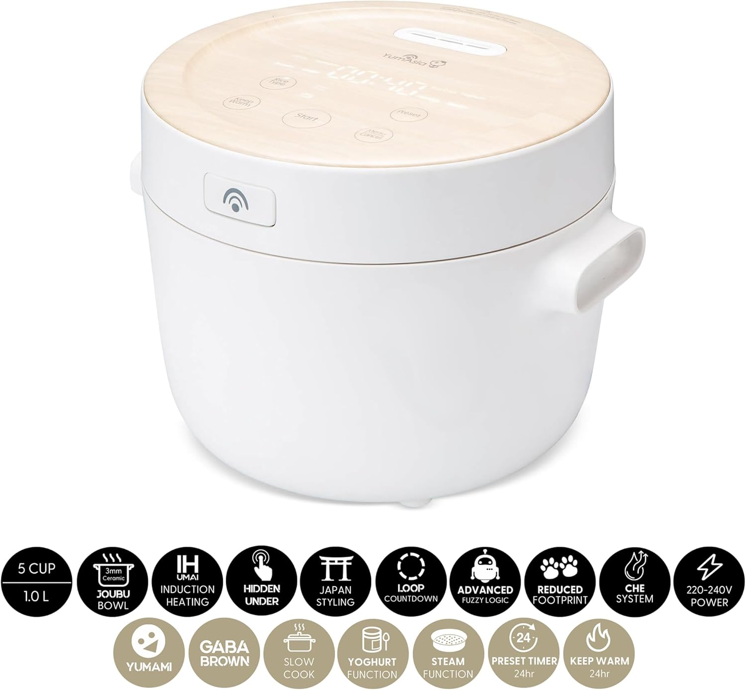 Fuji Cuiseur à riz avec chauffage par induction (IH) et bol en céramique (5 tasses, 1.0 litre), 7 fonctions de cuisson du riz, 5 fonctions multicuiseur, affichage LED, 220-240V