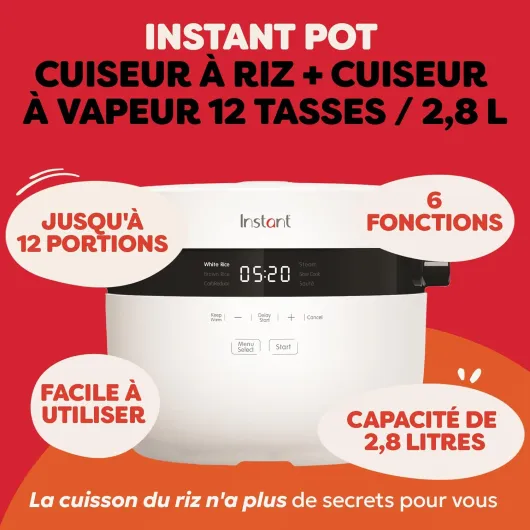 Instant Pot - Cuiseur de riz multi-grains à vapeur, 2,8 L (12 tasses), avec marmite anti-adhésive lavable au lave-vaisselle, panier vapeur en acier inoxydable, tasse à mesurer, cuillère à riz