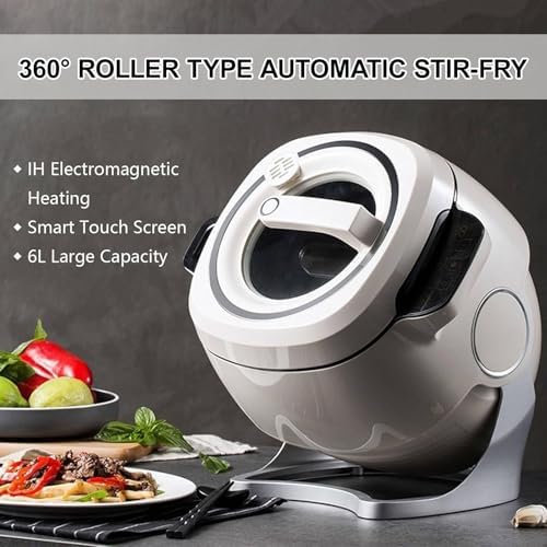 Machine de cuisson automatique, 6 L électrique Wok Machine à riz frit, démarrage en un clic, 3 vitesses réglables, rotation automatique à 360°, pour sauter, ragoût, cuisson