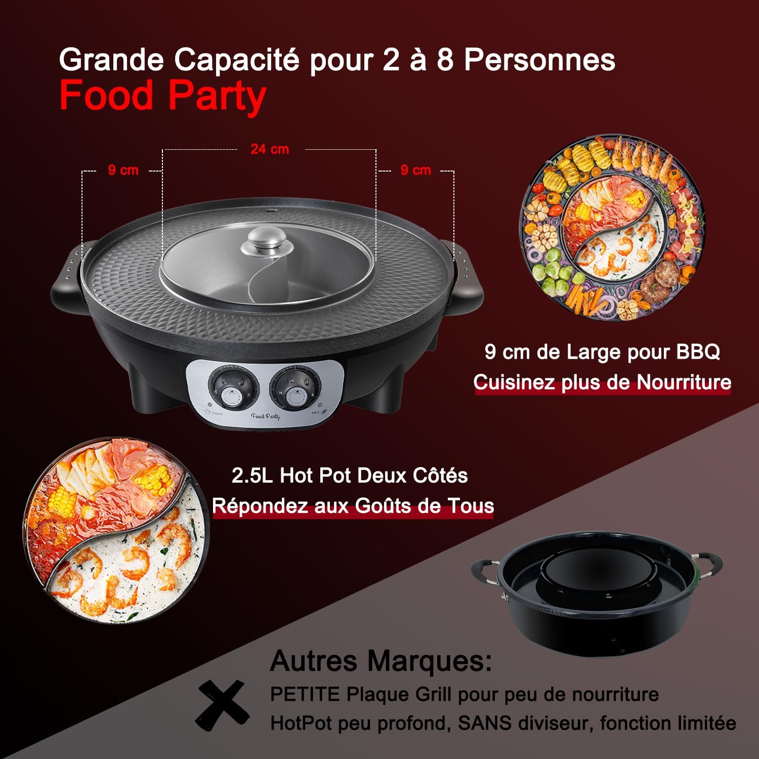 Food Party Hot Pot Electrique Appareil Fondue Chinoise et Barbecue Coréen électrique de Table 220V 2200W 2 in 1 Hotpot Wok BBQ Grill d'intérieur sans Fumée pour 2 à 8 Personnes Classique