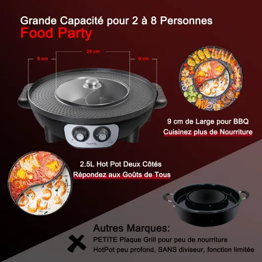 Food Party Hot Pot Electrique Appareil Fondue Chinoise et Barbecue Coréen électrique de Table 220V 2200W 2 in 1 Hotpot Wok BBQ Grill d'intérieur sans Fumée pour 2 à 8 Personnes Classique