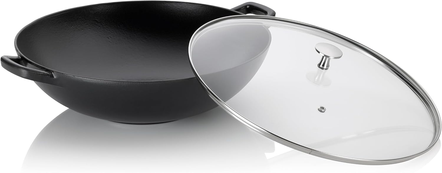 Kela Wok en fonte avec couvercle en verre 36 cm CALIDO, Poêle à wok à induction, Poêle à wok avec couvercle, émaillée, noire