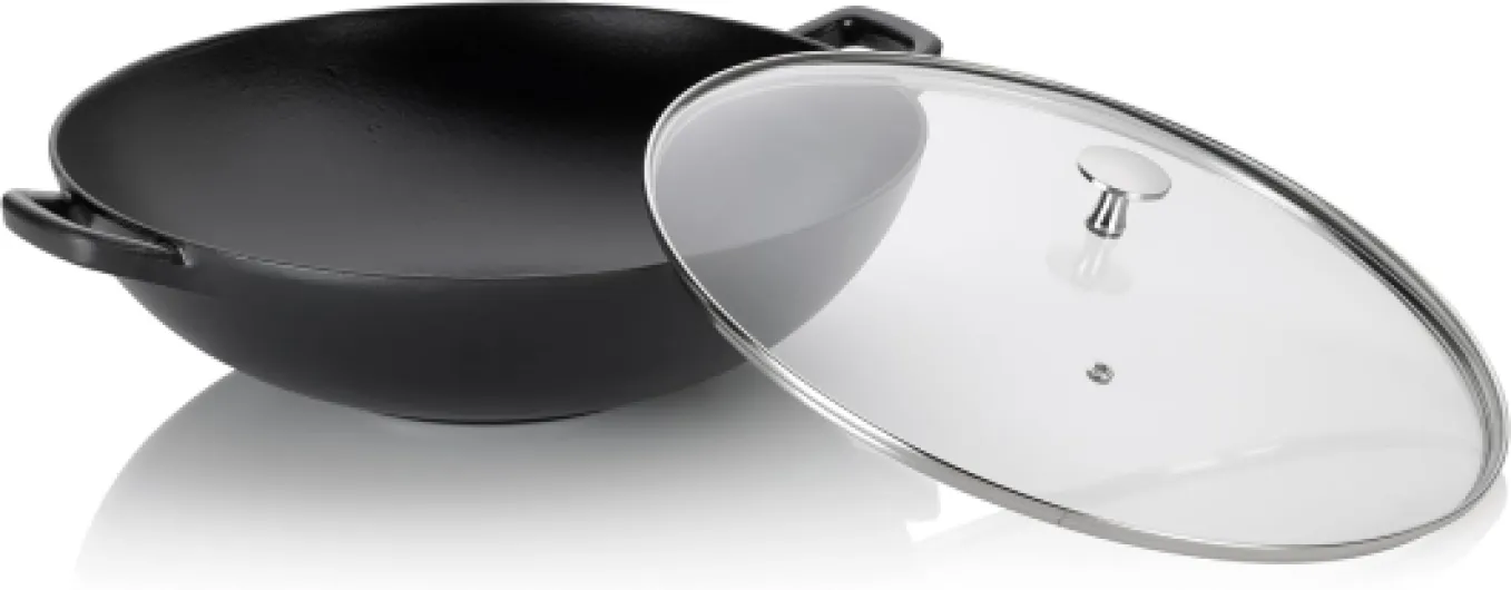 Kela Wok en fonte avec couvercle en verre 36 cm CALIDO, Poêle à wok à induction, Poêle à wok avec couvercle, émaillée, noire